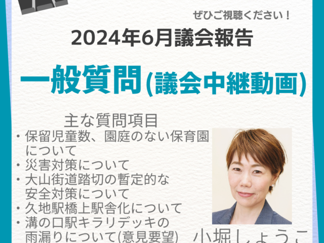 2024年第二回川崎市議会定例会、小堀祥子議員の一般質問（動画）